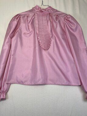Vintage 70s 80s Leslie Ann Fashions Pink Ruffle Puff Sleeve Blouse L
